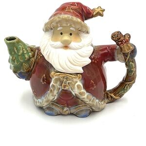 Yuletide Charms Hand Painted Christmas Santa Raised Porcelain Teapot